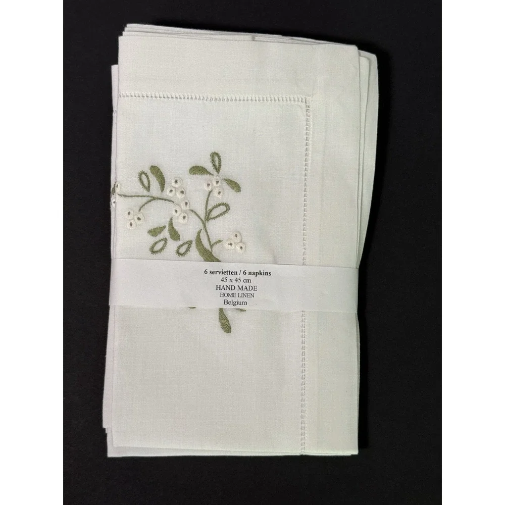 Vtg NEW Belgium Embroidered Linen Set 6 Napkins/39